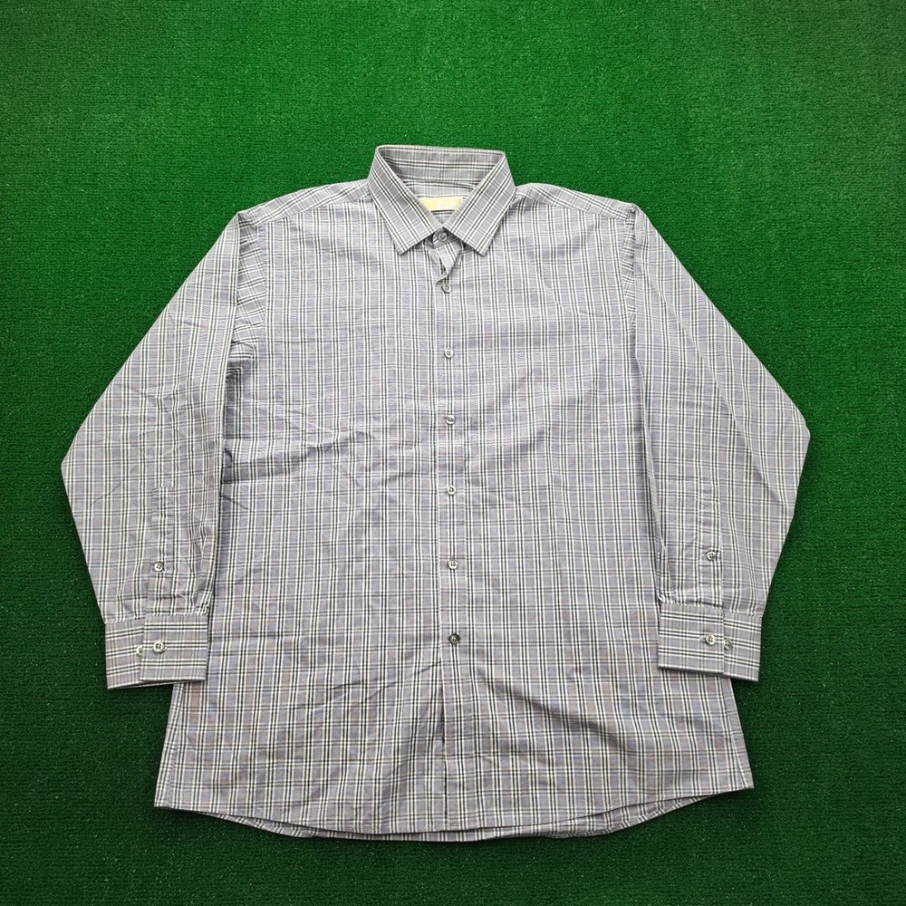 Michael Kors Dress Shirt Mens 16.5 32/33 Purple Gray Plaid Regular Fit Cotton